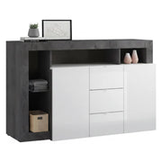 Credenza Atlantica, Buffet da soggiorno, Madia da salotto, Dispensa da cucina, Made in Italy, 146x42 h93 cm, Bianco lucido e Ardesia