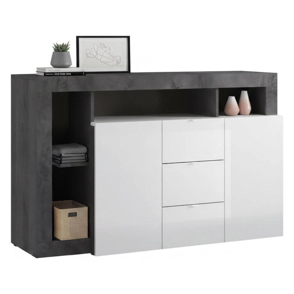 Credenza Atlantica, Buffet da soggiorno, Madia da salotto, Dispensa da cucina, Made in Italy, 146x42 h93 cm, Bianco lucido e Ardesia