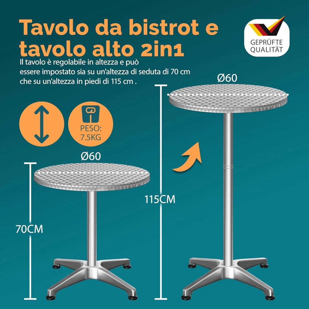 ® Tavolo Alto da Bar 2in1 con Fodera Regolabile in Altezza 70 cm / 115 cm in Alluminio Rotondo Ø60 cm Pieghevole per Esterni Giardino Bistrot Feste Tavoli da Ricevimento