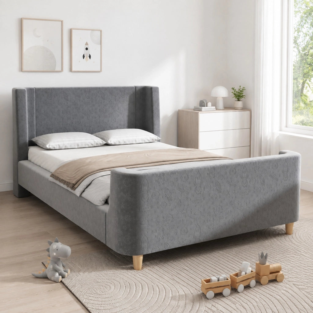LETTO Bambini a slitta 90x200 cm in velluto grigio con motivo spaziale