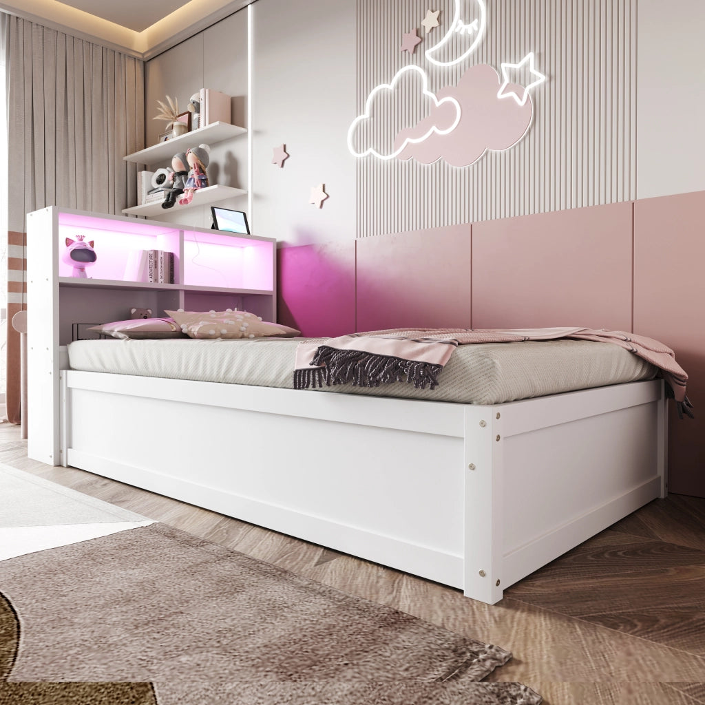 Letto singolo multifunzionale - Zephmum- 90x200- Bianco- Con luce integrata, idraulico, presa multipla