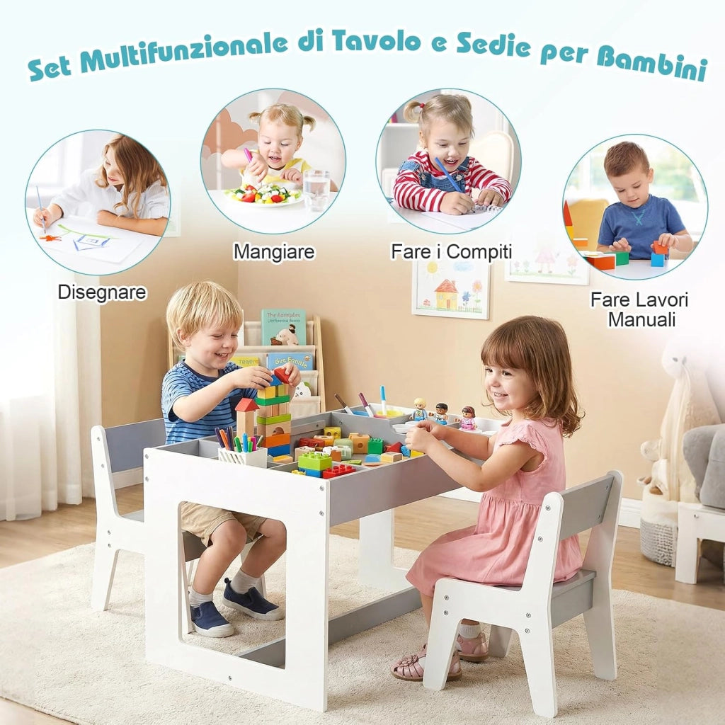 Set Tavolo Multifunzionale per Bambini e 2 Sedie, Tavolo e Sedie in Legno con Piano Doppio Rimovibile, Lavagna Nera & Lavagna Bianca, Compartimenti Laterali con Divisori Staccabili (Grigio)