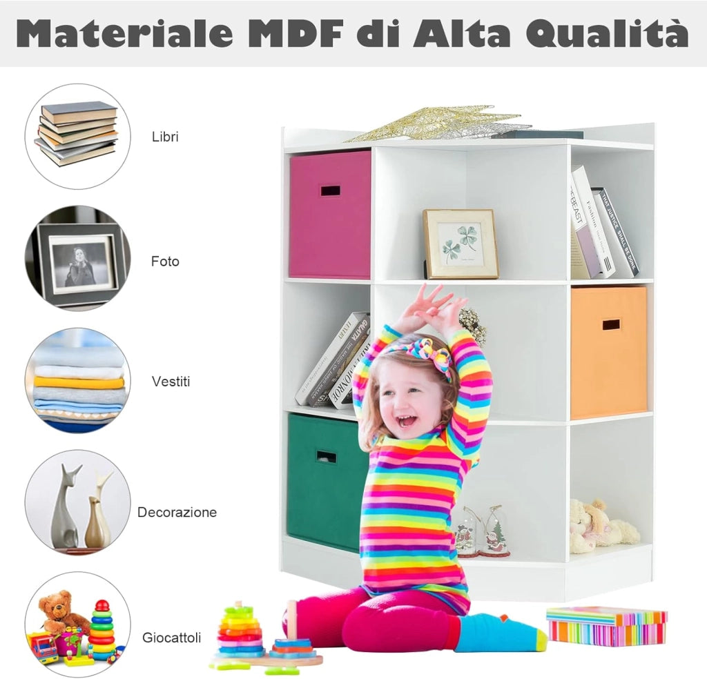 Scaffale Angolare, Scaffale ad Angolo con Tre Cestini Colorati e 9 Ripiani, per Casa, Soggiorno e Camera da Letto, 81x 61 x 94cm (Bianco)