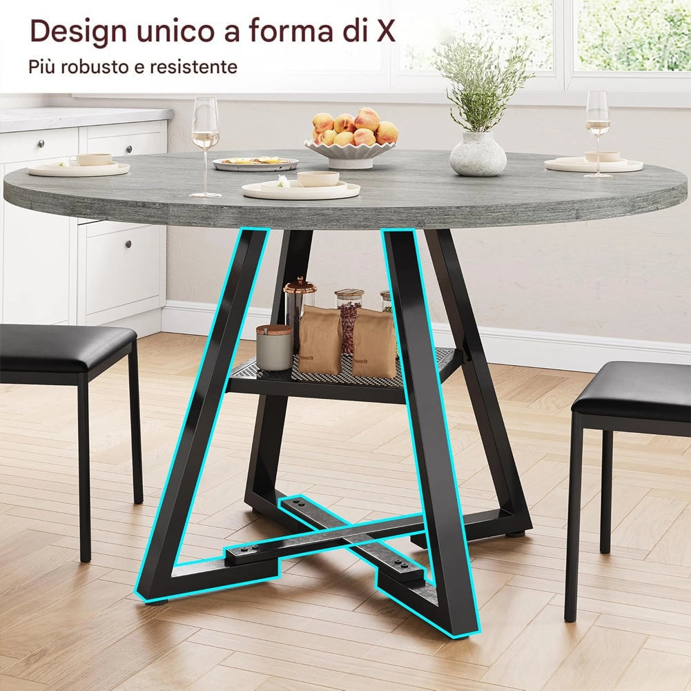 Tavolo per Sala da Pranzo Tondo Grigio con Ripiano Portaoggetti 120x120x76cm
