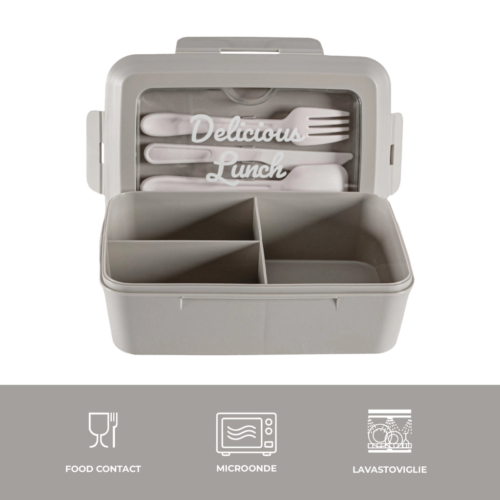 Set 2 Pezzi Lunch Box Porta Pranzo 1300 ml con 3 Posate, Contenitore Ermetico Per Alimenti BPA Free, Utilizzabile in Microonde e Lavastoviglie, Porta Pranzo con 3 Scomparti Grigio