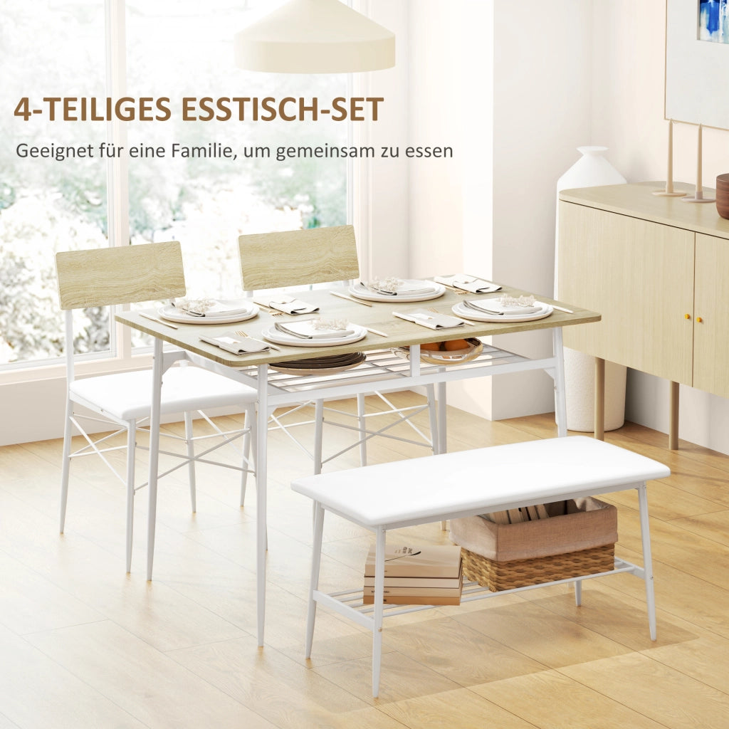 Tavolo da pranzo per 4 persone con 2 sedie e panca, ripiani contenitore, per cucina e sala da pranzo, rovere