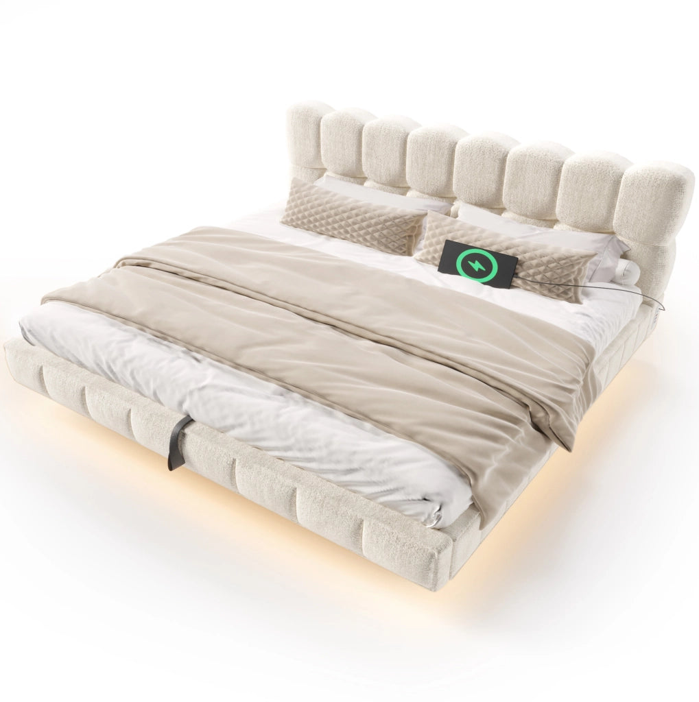 Letto matrimoniale contenitore 160x200 cm con LED e prese USB/Type-C in chenille beige