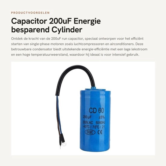 Capacitore - 200uF - Efficace risparmio energetico - Cilindrico - Capacitore di avvio - Adatto per compressori d'aria - 250VAC