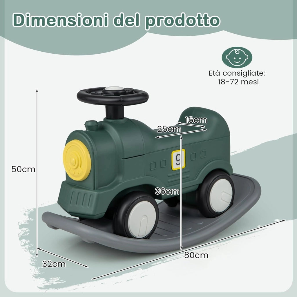 3 in 1 Cavallo a Dondolo per Bambini, con Macchinina Scivolante e Tavola Equilibrio Staccabile, Gioco a Dondolo Stile Treno per Bambini 18-72 Mesi (Stile 2 Verde)