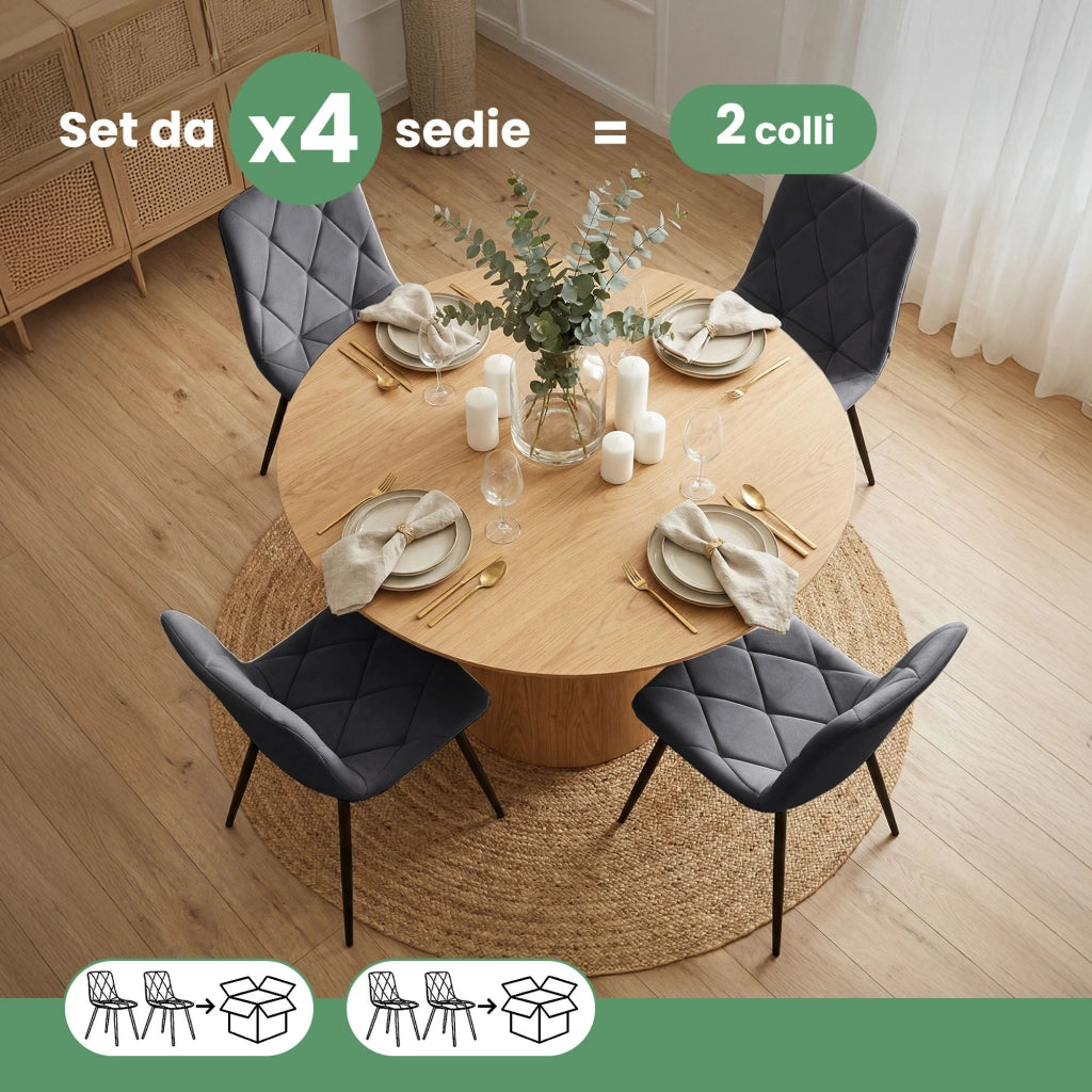 Set di 4 Sedie in velluto trapuntate MILO Grafite Scuro gambe nere
