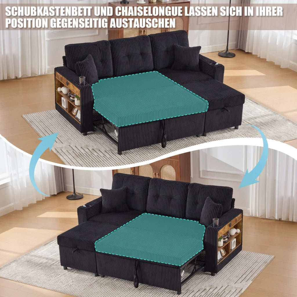 Divano letto modulare - con contenitore; USB e LED - in velluto a coste - nero