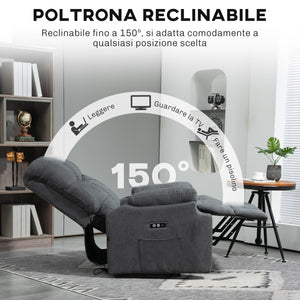 Poltrona Alzapersona con Telecomando e Poggiapiedi 84x96x100 cm Grigio Scuro