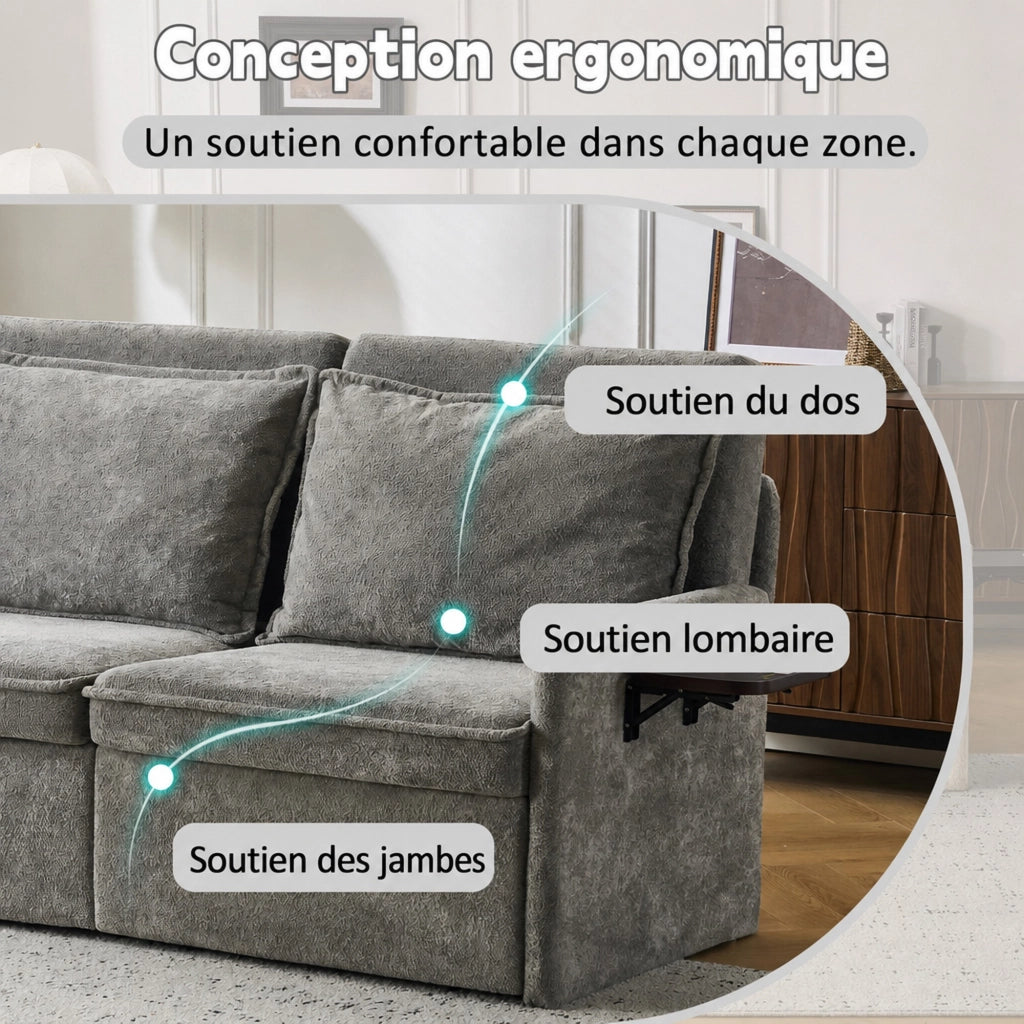 Divano letto 172，5x71x95 cm in ciniglia grigia con USB e contenitore