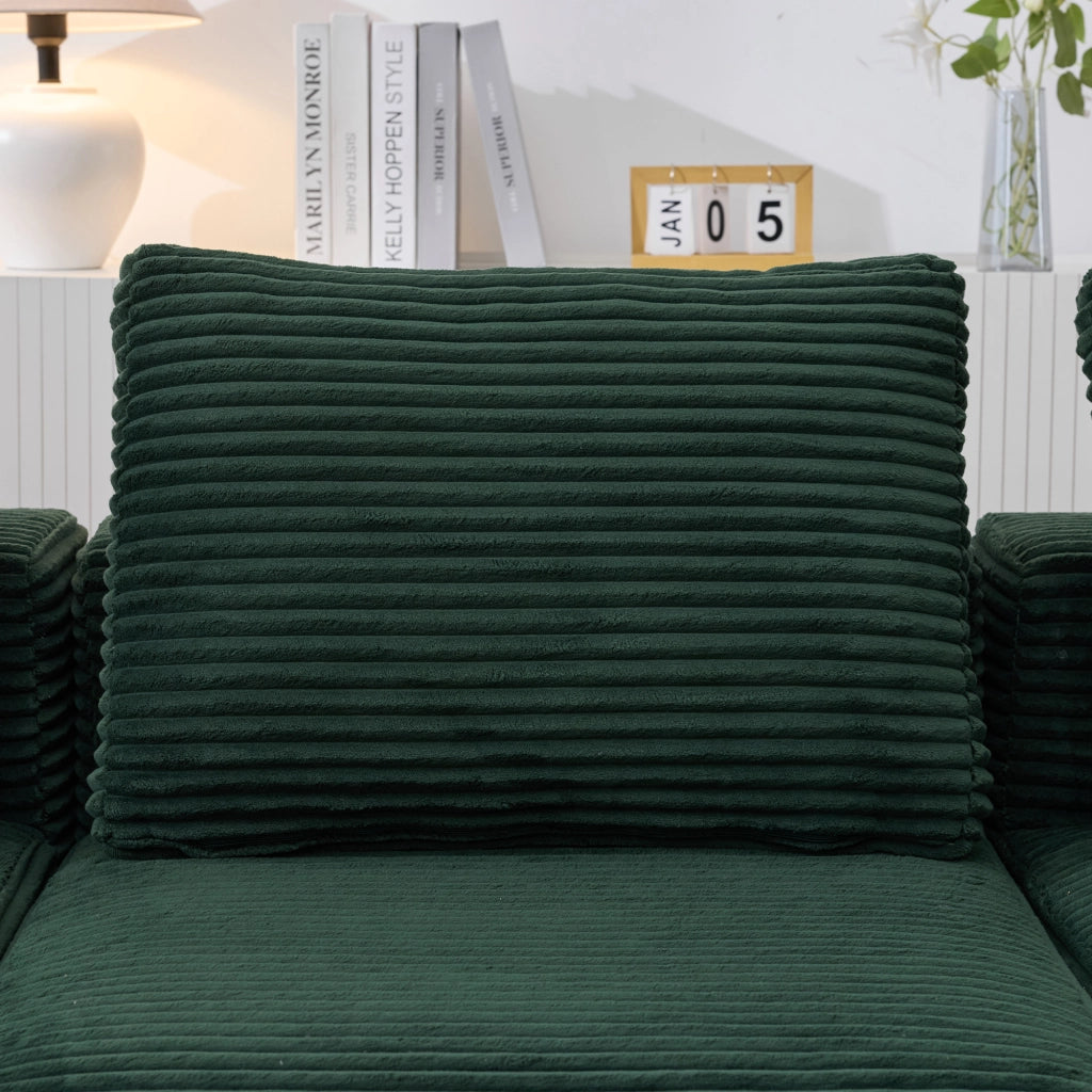Divano lineare con 3 cuscini e doppi portabicchieri in poliestere imbottito - verde rétro 265×176×60 cm