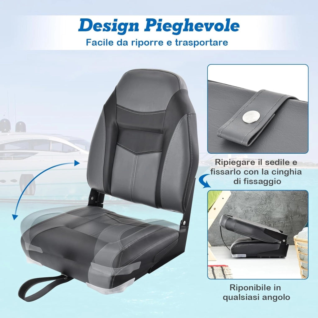 Sedia da Barca, Sedile da Barca Pieghevole con Morbido Cuscino Imbottito, Rivestimento in PVC Impermeabile, 4 Viti Incluse
