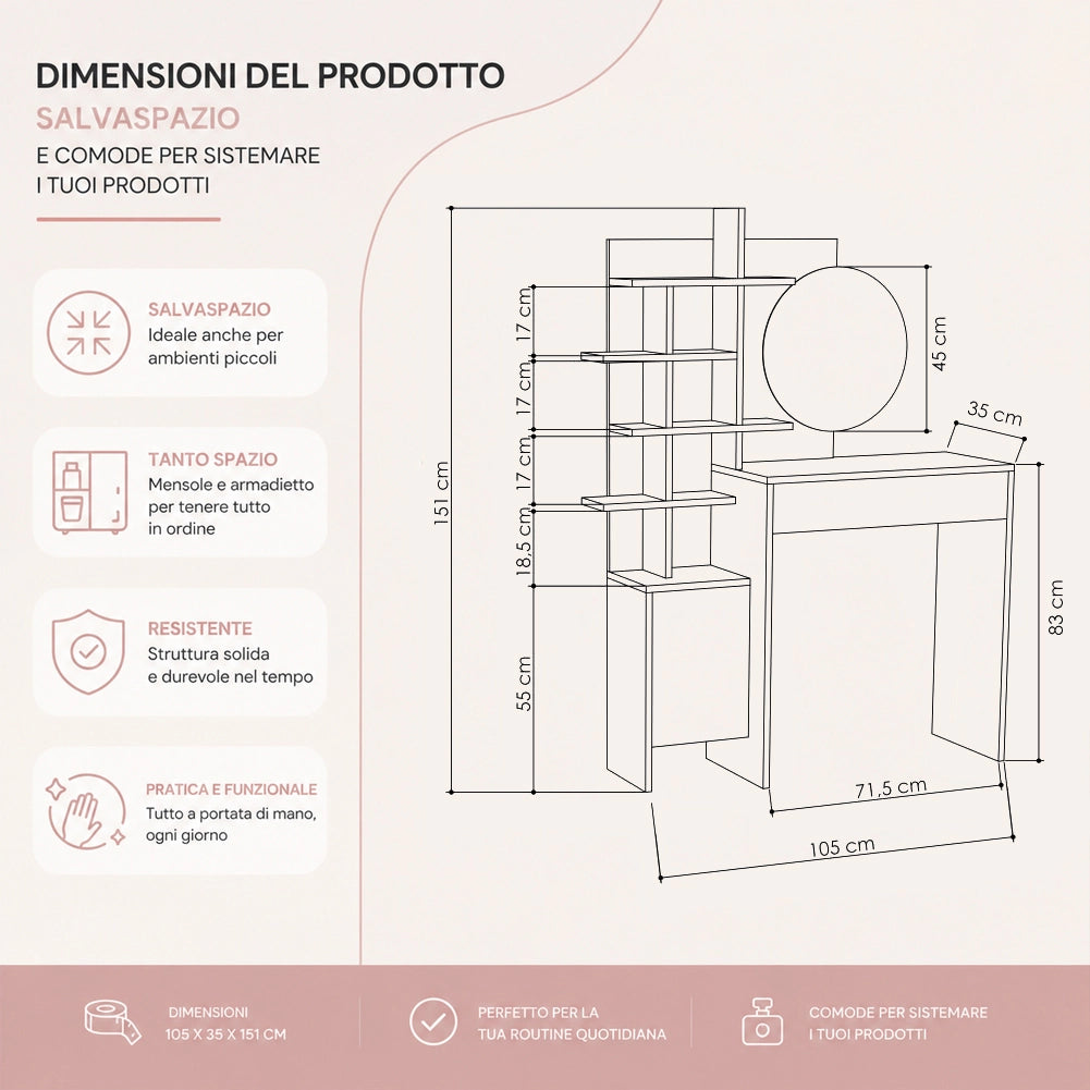 Postazione Make Up con Specchio Rotondo Sabbia Tolette con Mensole 105x35x151 cm