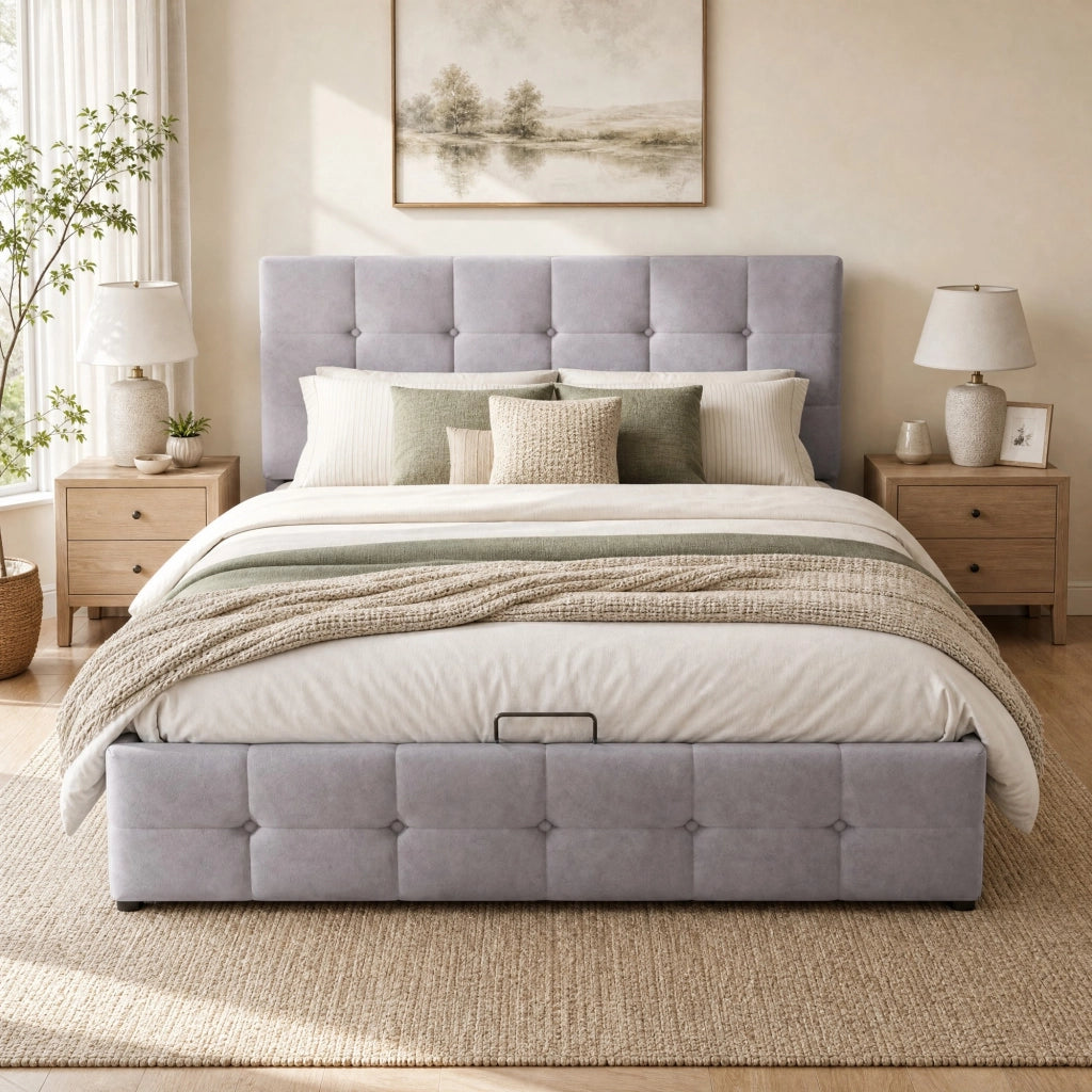 LETTO Contenitore 140x200 cm in Velluto Grigio con rete a doghe