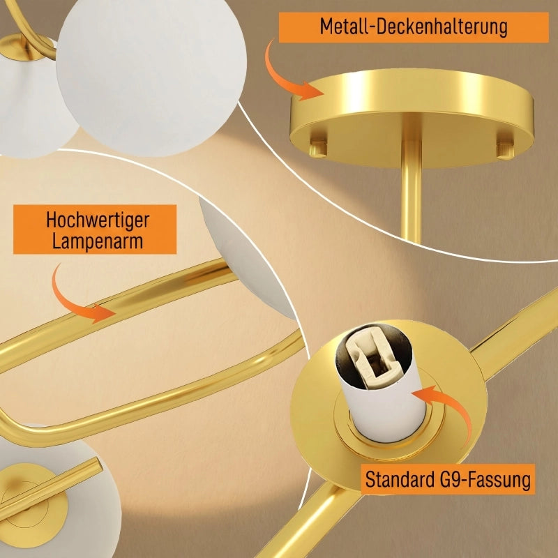 Plafoniera da 20W con 5 portalampade G9, elegante design oro e bianco, lampadine non incluse.