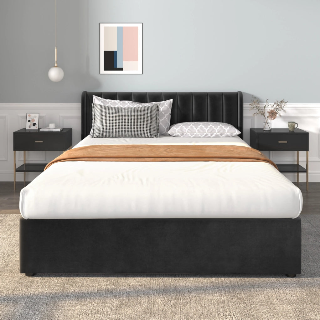 Letto imbottito in velluto 160x200 cm nero con 2 cassetti