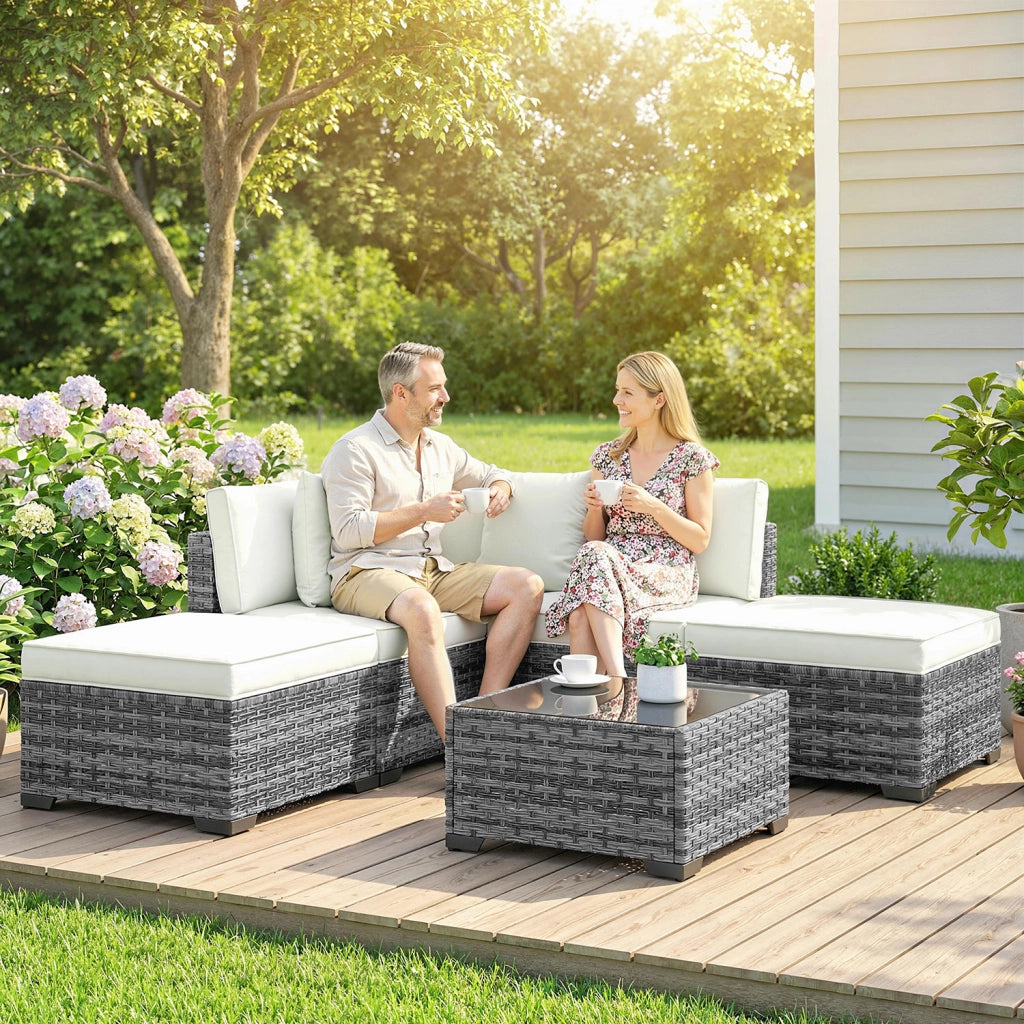 Set 6 Pezzi >Salotto da Giardino con Divano Modulare Tavolino e Cuscini in Rattan e Acciaio Grigio