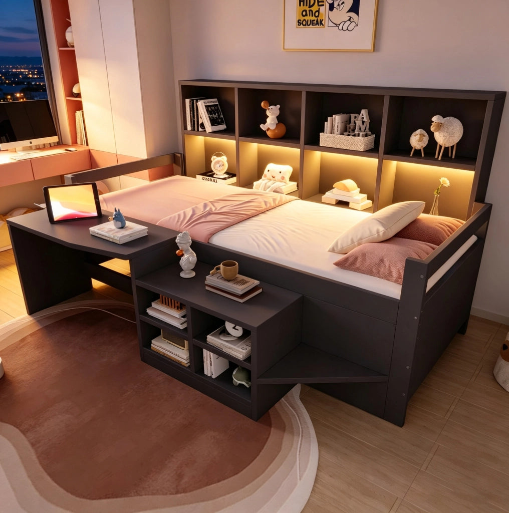 Letto multifunzionale 90x200 cm con scrivania; contenitori; LED e prese USB; grigio