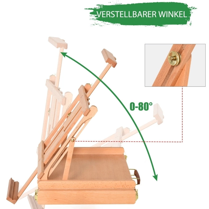 Cavalletto pieghevole in legno con cassetto e maniglia