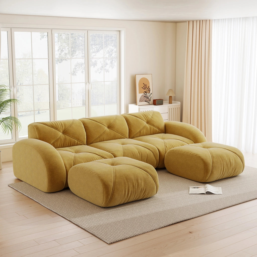 Divano modulare a U senza montaggio con 2 pouf in chenille gialla per soggiorno e relax 281 × 171 × 76 cm