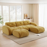 Divano modulare a U senza montaggio con 2 pouf in chenille gialla per soggiorno e relax 281 × 171 × 76 cm
