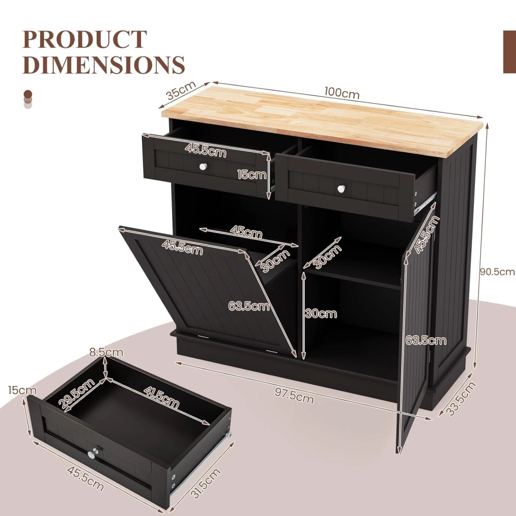 Armadio per Rifiuti da Cucina con Apertura a Ribalta, Mobile per Biancheria Autonomo con Piano in Legno di Gomma, Supporto per Cestino Nascosto, Ripiano Regolabile (Marrone)