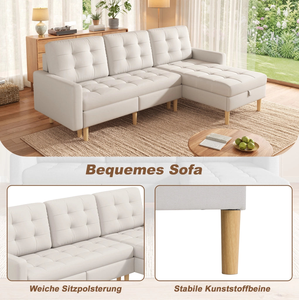 Divano angolare con vano contenitore 212×130×86 cm, chaise longue reversibile, beige