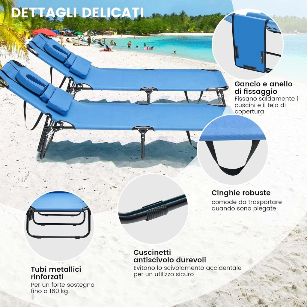 Lettino Pieghevole Spiaggia, Lettino Sdraio da Mare con Foro per il Viso e 3 Cuscini Rimovibili, Schienale Regolabile 5 Posizioni, Lettino Prendisole da Campeggio, Portata 160kg (1, Blu)