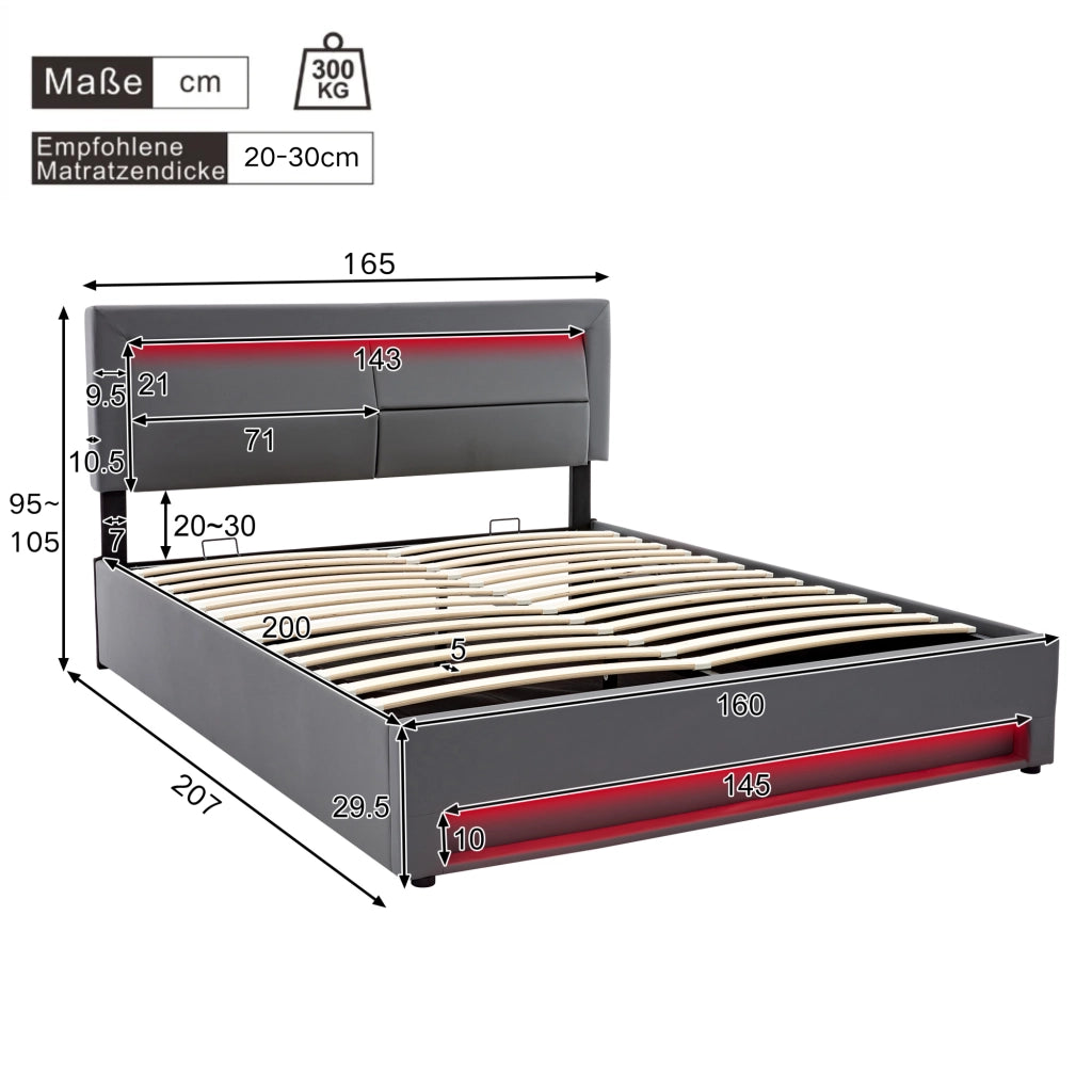 Letto in PU grigio 160x200 con motivo litchi USB wireless/cablato LED vano