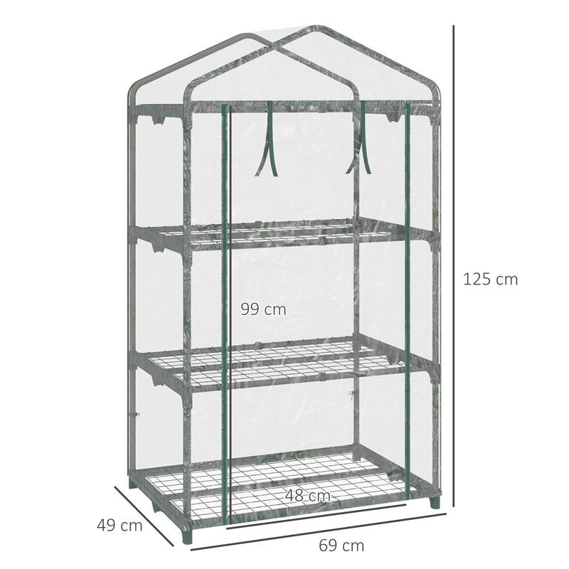 MINI SERRA CON COPERTURA IN PLASTICA, TELAIO IN ACCIAIO CON 3 RIPIANI, 69X49X125CM, TRASPARENTE