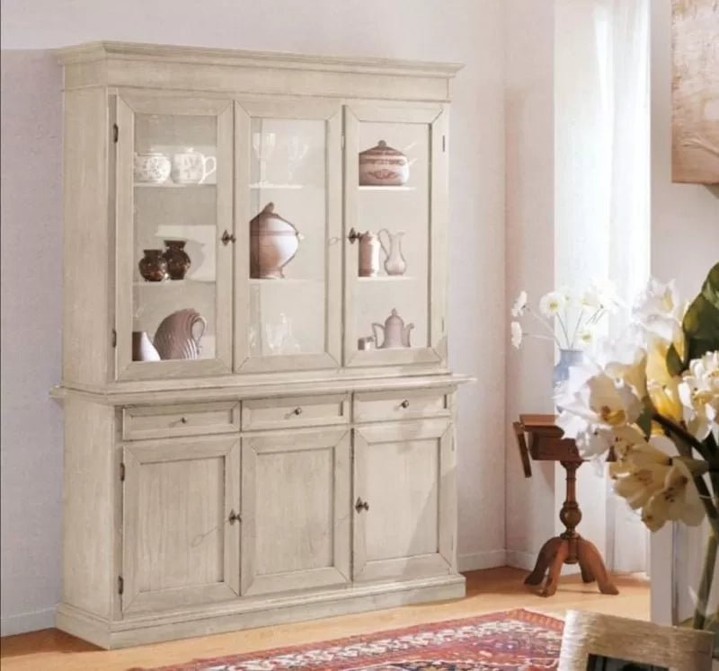 Cristalliera legno arte povera bianco anticato l.156  p. 42 h.205 - Mobili 2G