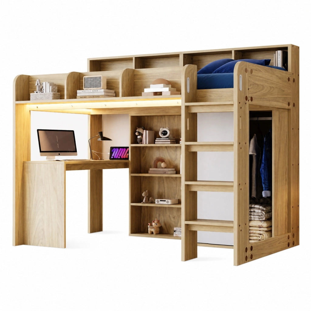 Letto a soppalco multifunzionale 90x200 cm in legno naturale con scrivania; armadio; LED e presa
