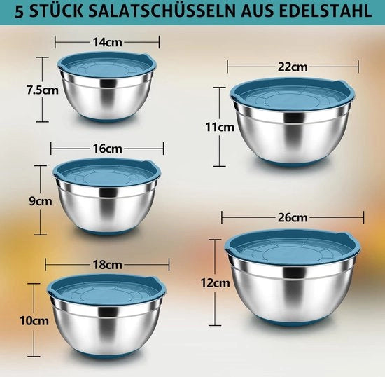 Set di 5 contenitori in acciaio inossidabile con coperchio blu e fondo antiscivolo in silicone, contenitore metallico per cottura, inossidabile e lavabile in lavastoviglie (4,5/2,7/1,5/1,2/0,7 l)