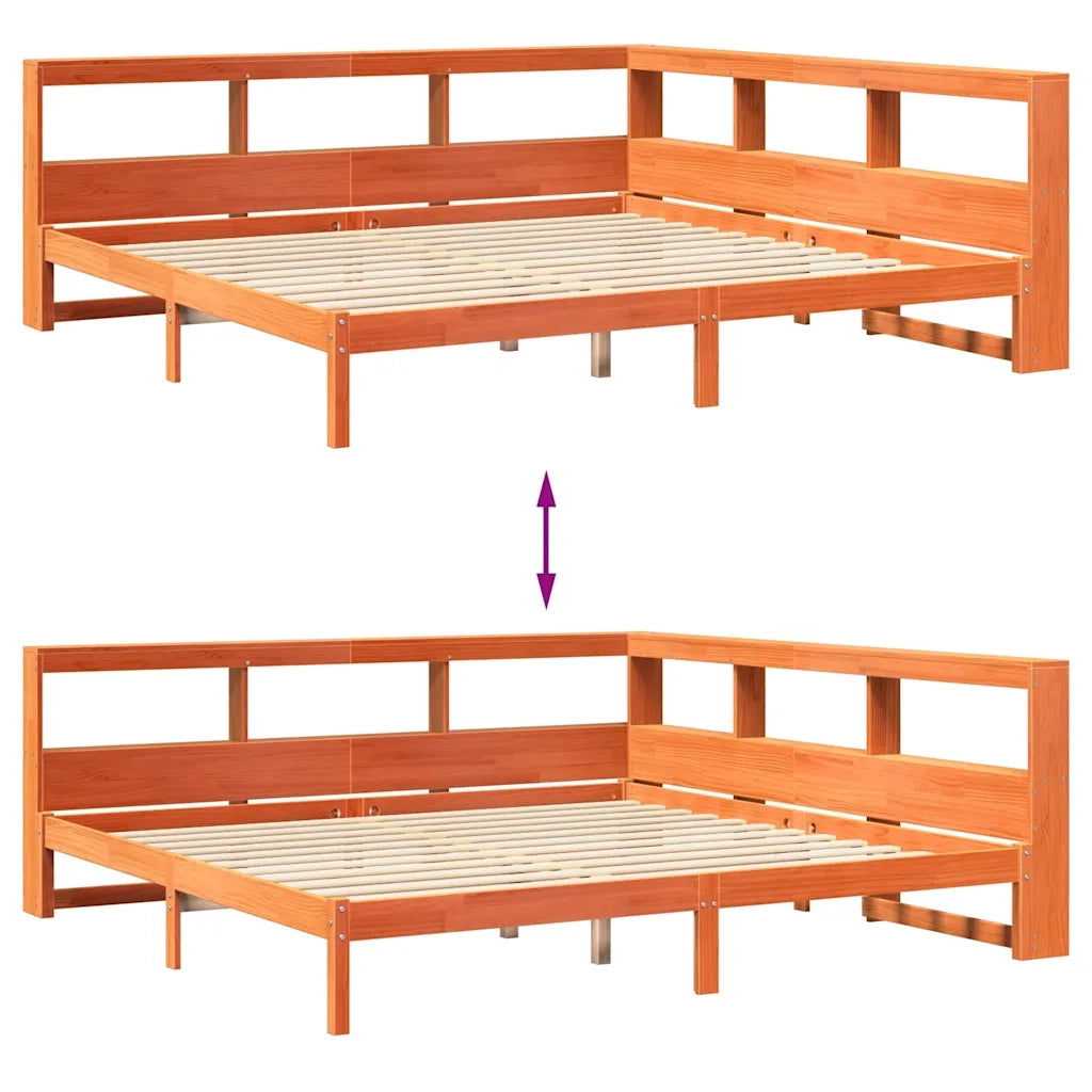 Letto Libreria senza Materasso-Struttura Letto con contenitore Marrone Cera 200x200 cm in Pino 544691