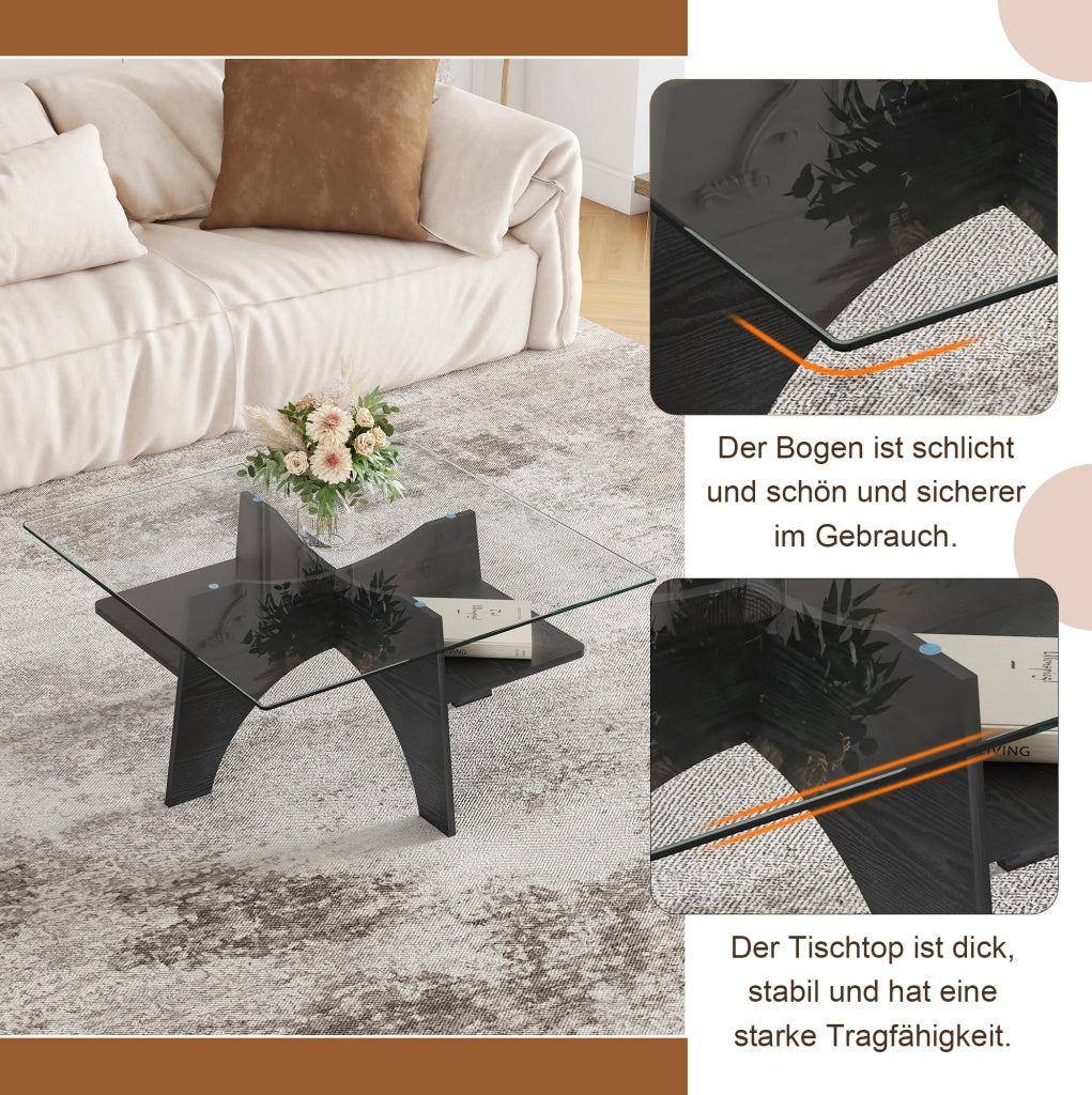 Tavolino da caffè quadrato 80x80x40 cm in vetro di sicurezza e MDF nero