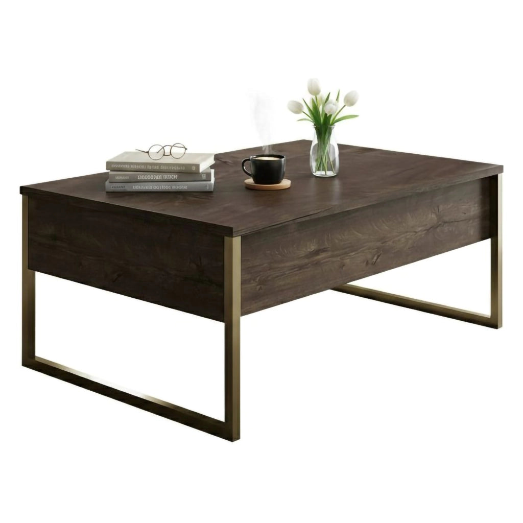 Tavolino da salotto Lavinia, Tavolo basso da caffè, Portariviste per divano, Ripiano da soggiorno, 90x60h40 cm, Noce e Oro