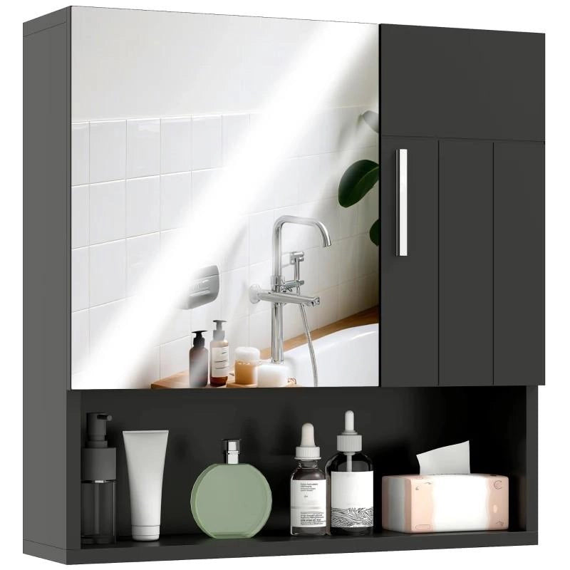 ARMADIETTO SPECCHIERA BAGNO IN LEGNO CON MENSOLE REGOLABILI E RIPIANO APERTO, 54X15.2X55.3 CM, NERO