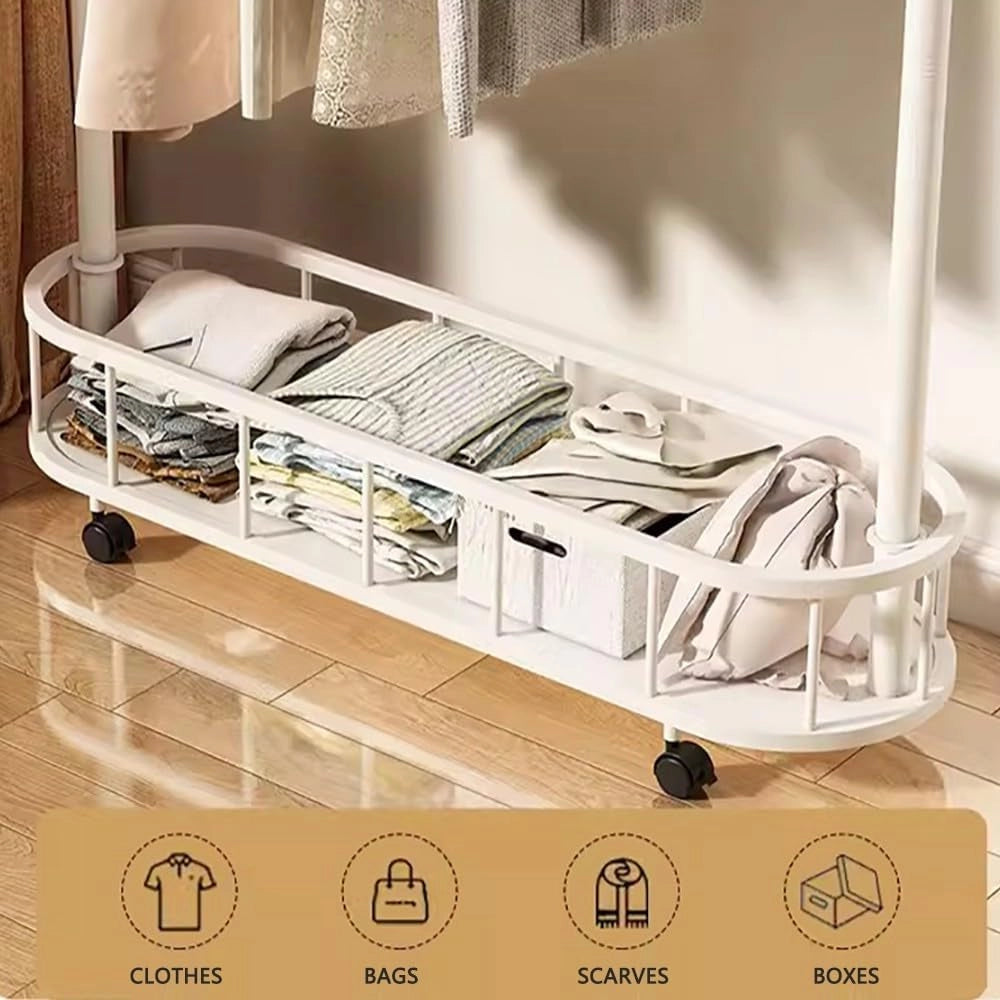 Appendiabiti in Metallo con Ganci e Cestino portaoggetti, Design Industriale Moderno per Camera da Letto e Ingresso, Altezza 60/80/100 cm x Larghezza 30 cm x Lunghezza 174 cm