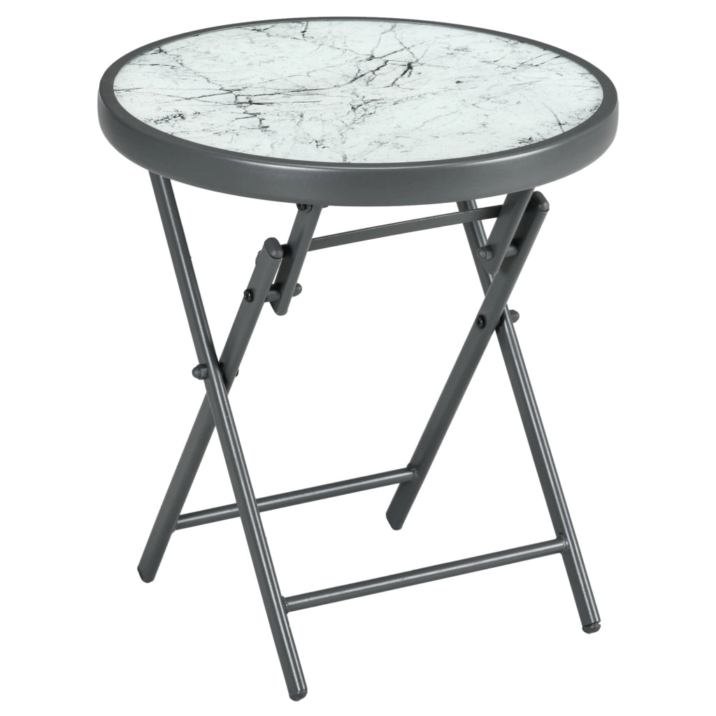Tavolino Pieghevole Rotondo da Salotto ¨C MINIMAL ¨C Vetro Effetto Marmo, 45x45x50 cm, Bianco
