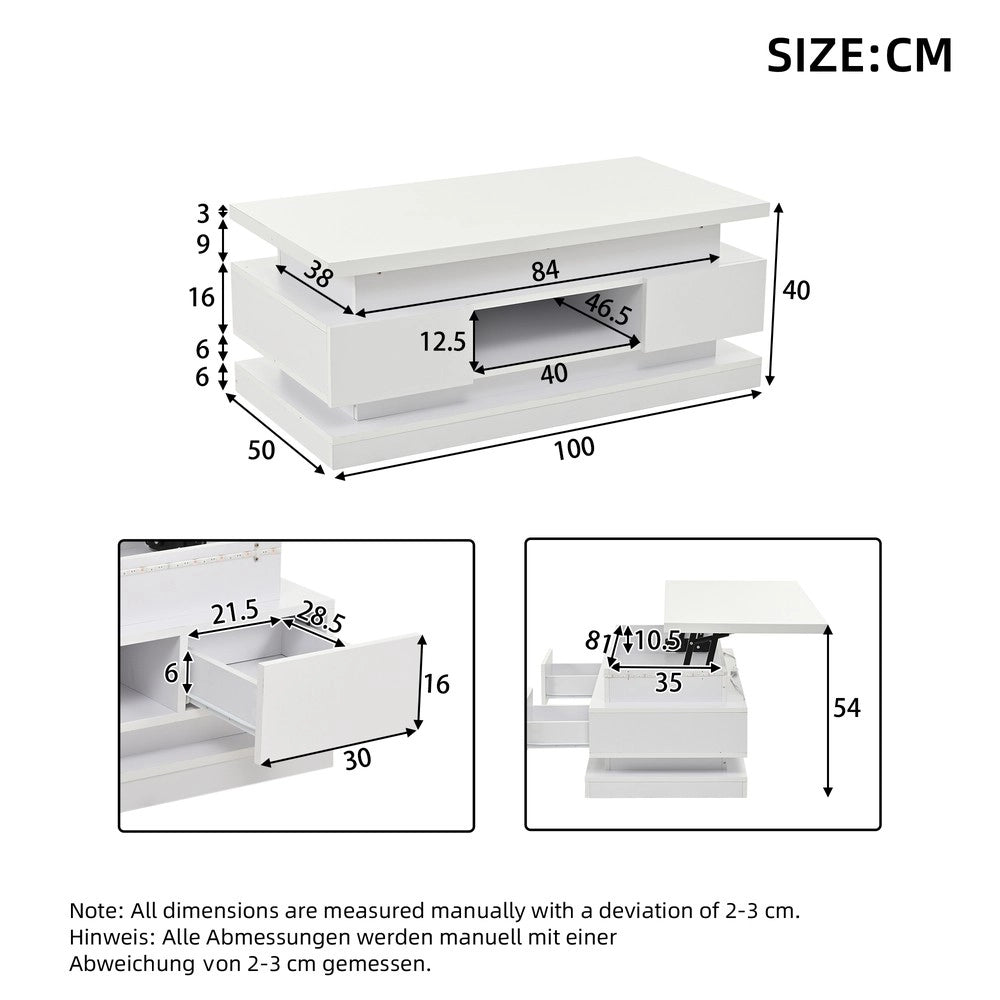 Tavolino da caff¨¨ con cassetti e LED ¨C Minimal ¨C Bianco lucido MDF 100x50x40