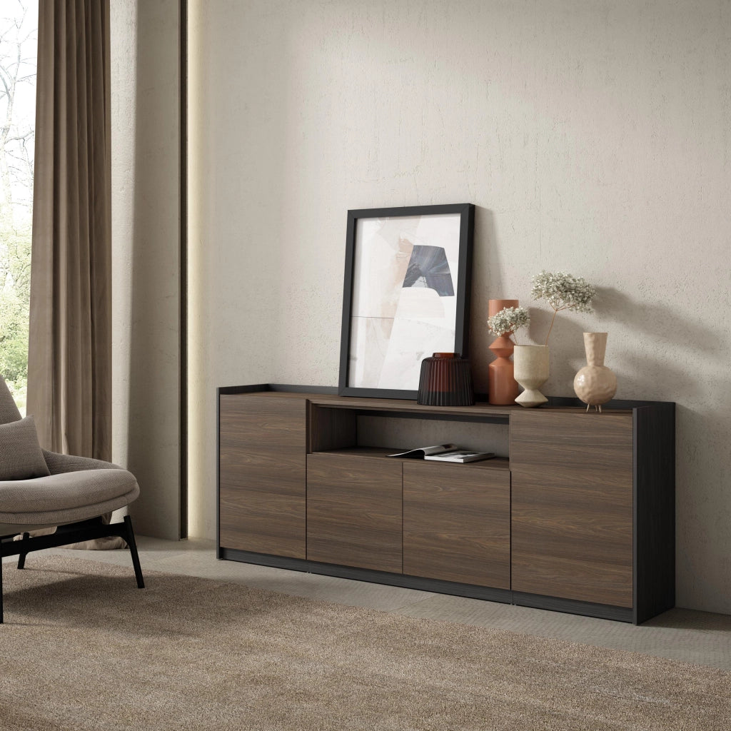 Credenza, Mobile, Cucina, 207x80x37 cm, 4 Porte, grande stoccaggio, Rovere scuro e Nero