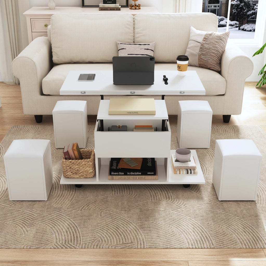 Tavolino da salotto sollevabile multifunzione 100 x 100 x 63;5 cm; bianco; in truciolare