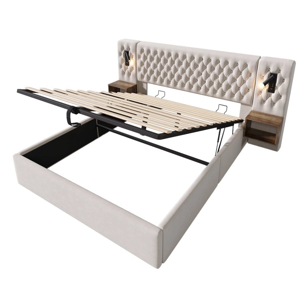 Letti contenitori 160x200 cm con comodini; contenitore idraulico e luci lettura; velluto beige (Senza materasso)