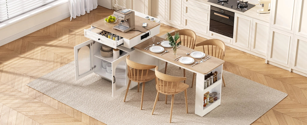 Tavolo allungabile con cassetto, vani aperti e led, per cucina e sala da pranzo, in MDF e vetro, bianco