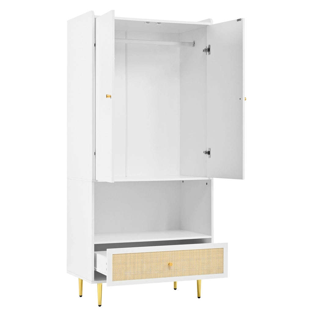 Armadio a 2 ante con cassetto in effetto rattan, barra appendiabiti e ripiano aperto, colore bianco/naturale, 80x48x175 cm