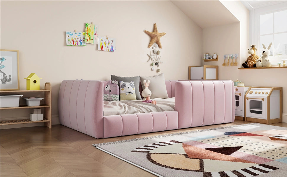 DESMIU Letto singolo 90 × 200 cm con barriera di sicurezza, schienale imbottito, senza materasso, in MDF, rosa