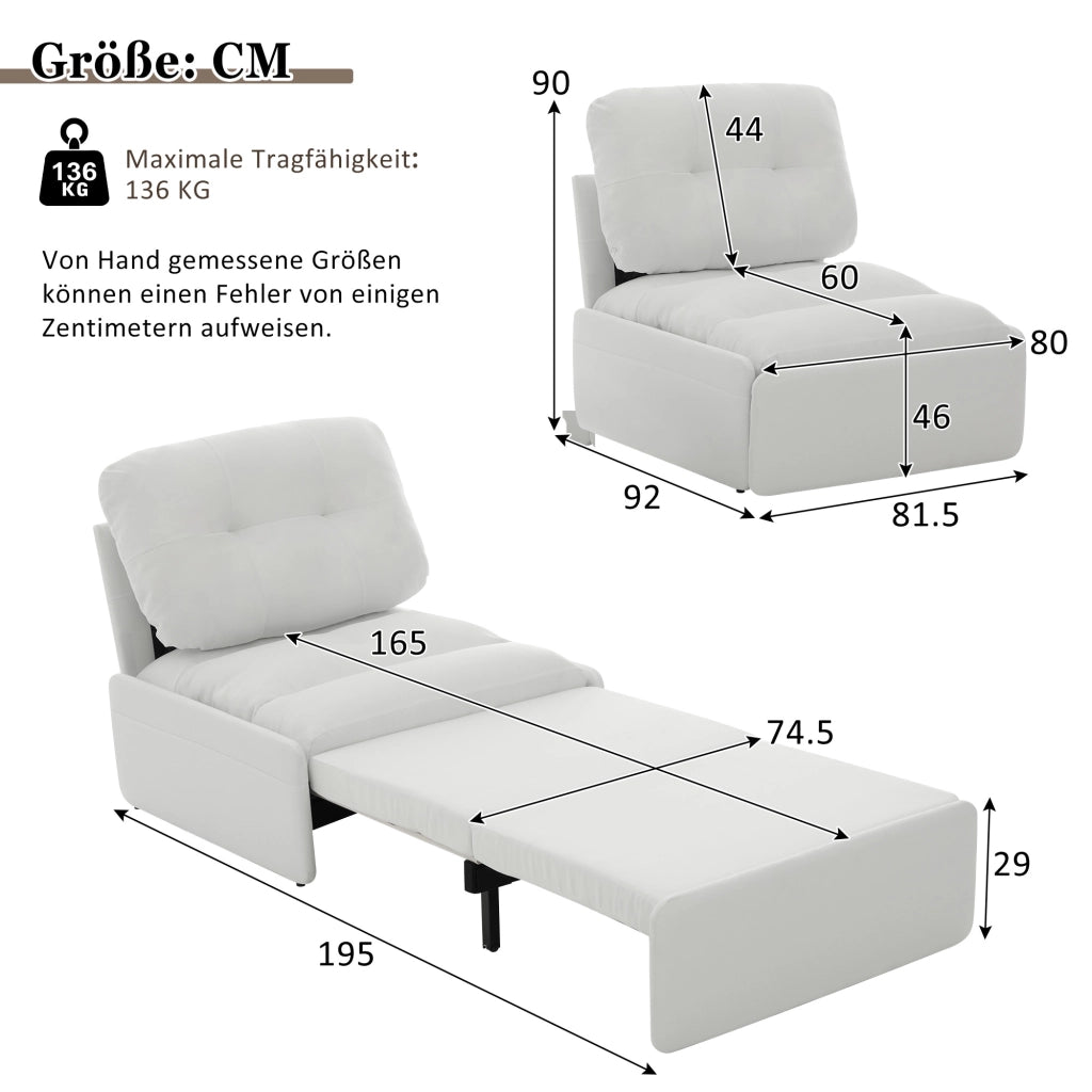 Poltrona letto 2 in 1 estraibile con tasche laterali design senza braccioli per piccoli spazi in lino bianco
